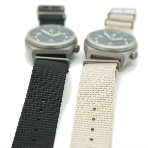 Obbi Good Label autOGLatic Field Watch close-up black and khaki waffled zulu strap