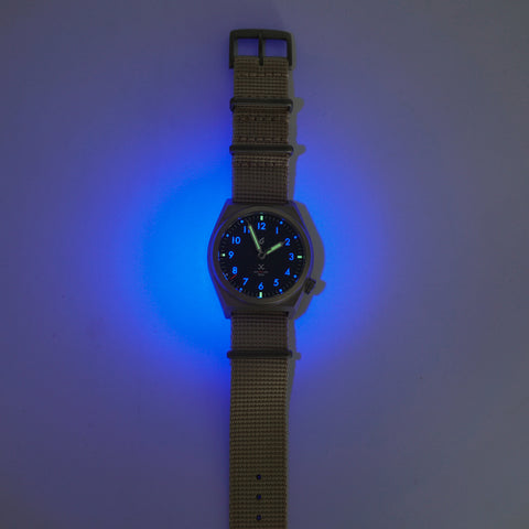 Obbi Good Label autOGLatic Field Watch showing its illuminated dial