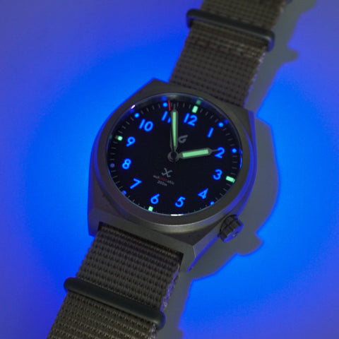 Obbi Good Label autOGLatic Field Watch showing its illuminated dial
