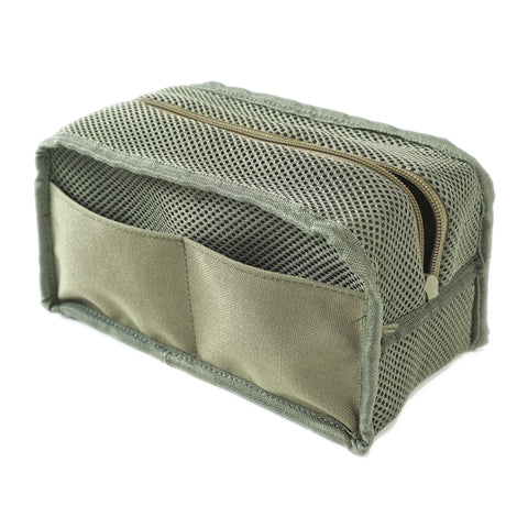 ORIGO Utility Dopp Kit in olive abrasion-resistant technical canvas flip inside-out showing internal construction and internal two pockets by Obbi Good Label.