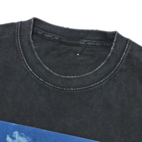 Close-up ribbed collar and distressed pinhole detailing on HGS Outpost Vintage Cut-Off Tee