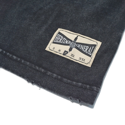 Heritage General Store woven label and distressed frayed hem on vintage black cut-off tee