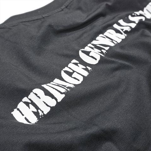 Close-up Heritage General Store stencil back print on black cotton T-shirt