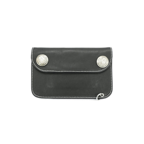 Handmade horsehide leather trucker wallet with concho snap black full grain front view BRAVE