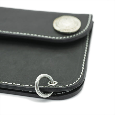 Denim and biker style horsehide leather wallet black finish showing o-ring for wallet chain