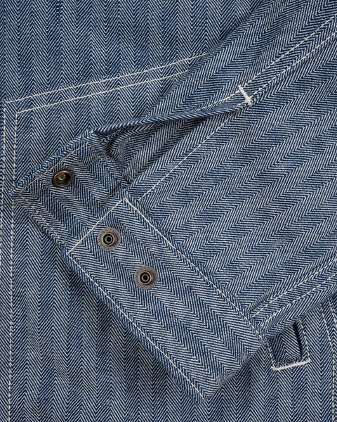 Iron Heart IHJ-164-BLU herringbone work jacket 10.5oz selvedge denim jeans available at Rugged Gentlemen Shoppe
