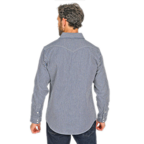 Iron Heart IHSH-07-IND hickory stripe western shirt back view model wearing in Rugged Gentlemen Shoppe Singapore