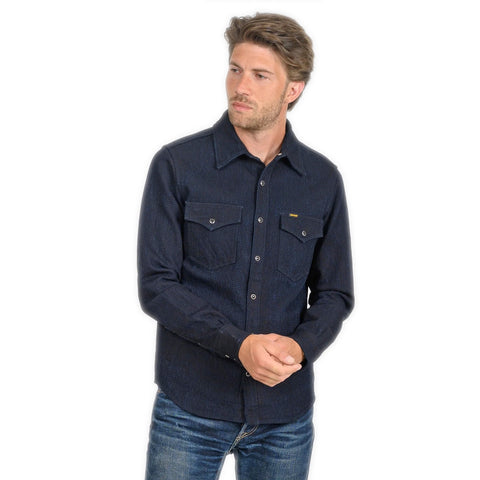 Iron Heart IHSH-437-IND Dobby Cloth CPO Shirt in indigo in 13.5oz selvedge denim jeans available at Rugged Gentlemen Shoppe