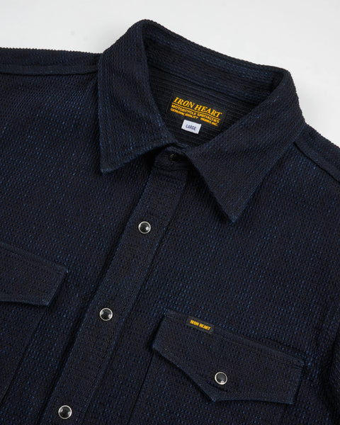 Iron Heart IHSH-437-IND Dobby Cloth CPO Shirt in indigo in 13.5oz selvedge denim jeans available at Rugged Gentlemen Shoppe