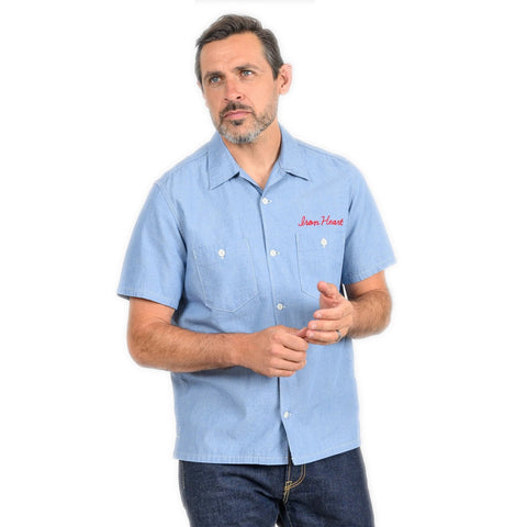 Iron Heart IHSH-447-SAX cotton linen open collar short sleeve shirt in sax blue in 5oz available at Rugged Gentlemen Shoppe