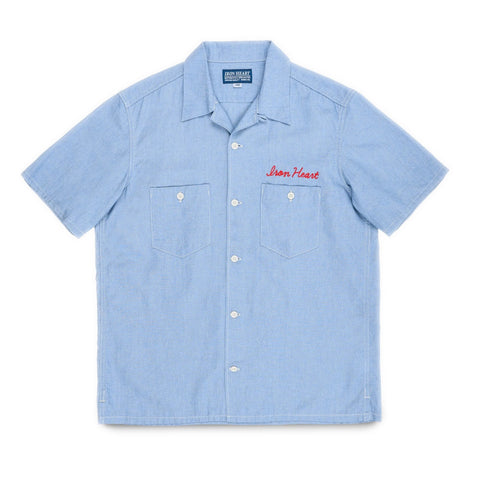Iron Heart IHSH-447-SAX cotton linen open collar short sleeve shirt in sax blue in 5oz available at Rugged Gentlemen Shoppe