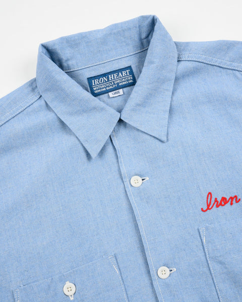 Iron Heart IHSH-447-SAX cotton linen open collar short sleeve shirt in sax blue in 5oz available at Rugged Gentlemen Shoppe