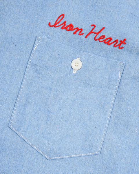 Iron Heart IHSH-447-SAX cotton linen open collar short sleeve shirt in sax blue in 5oz available at Rugged Gentlemen Shoppe