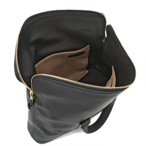 Interior of OGL leather laptop briefcase with padded compartments and storage pockets
