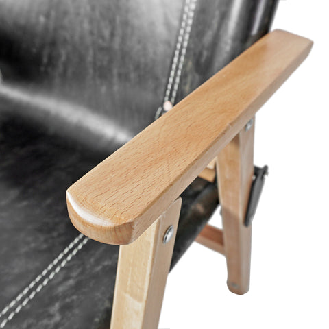 OGL Kermit wooden chair V3 in black tea core leather, patina leather folding chair wooden frame
tea core leather Kermit chair aging patina handcrafted camping chair