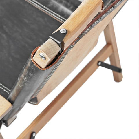 OGL Kermit wooden chair V3 in black tea core leather, patina leather folding chair wooden frame
tea core leather Kermit chair aging patina handcrafted camping chair