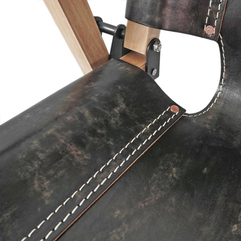 OGL Kermit wooden chair V3 in black tea core leather, patina leather folding chair wooden frame
tea core leather Kermit chair aging patina handcrafted camping chair