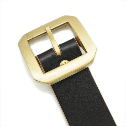 Obbi Good Label Single-Prong Concho Belt in hand-dyed black vegetable-tanned leather with solid brass conchos and brass garrison buckle