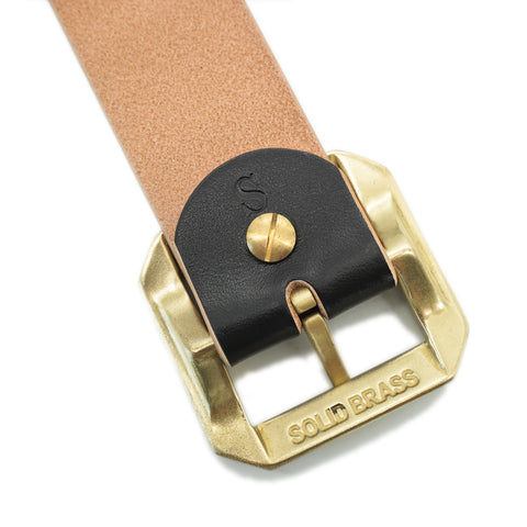 Obbi Good Label Single-Prong Concho Belt in hand-dyed black vegetable-tanned leather with solid brass conchos and brass garrison buckle
