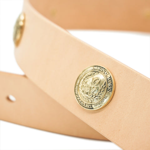 Obbi Good Label Single-Prong Concho Belt in natural vegetable-tanned leather with solid brass conchos and brass garrison buckle