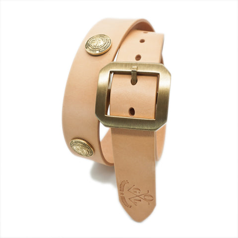 Obbi Good Label Single-Prong Concho Belt in natural vegetable-tanned leather with solid brass conchos and brass garrison buckle