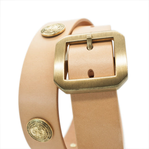 Obbi Good Label Single-Prong Concho Belt in natural vegetable-tanned leather with solid brass conchos and brass garrison buckle