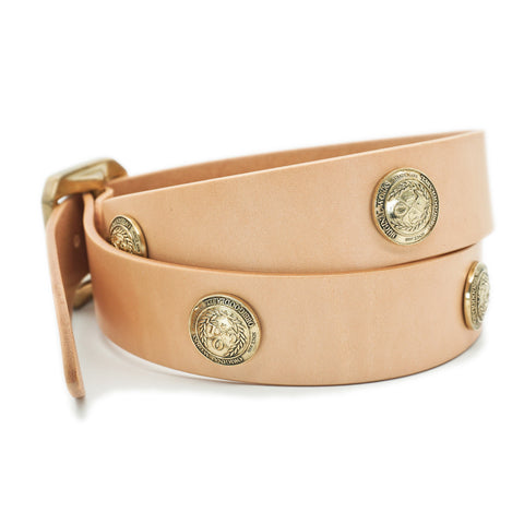 Obbi Good Label Single-Prong Concho Belt in natural vegetable-tanned leather with solid brass conchos and brass garrison buckle