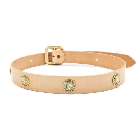 Obbi Good Label Single-Prong Concho Belt in natural vegetable-tanned leather with solid brass conchos and brass garrison buckle