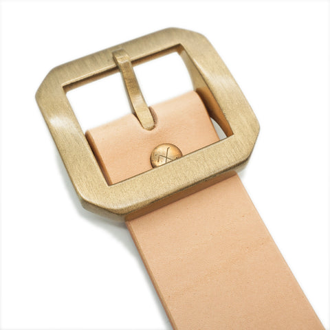 Obbi Good Label Single-Prong Concho Belt in natural vegetable-tanned leather with solid brass conchos and brass garrison buckle