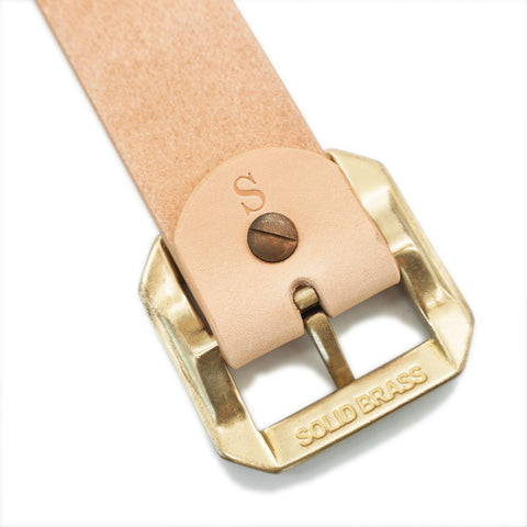 Obbi Good Label Single-Prong Concho Belt in natural vegetable-tanned leather with solid brass conchos and brass garrison buckle