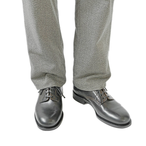 Black horsehide leather Derby shoes styled with salt and pepper trousers for a classic men's outfit