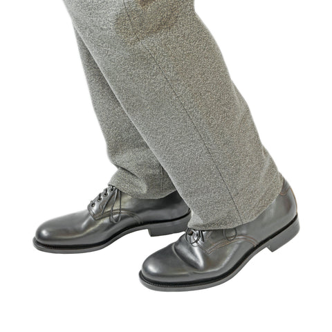 Black horsehide leather Derby shoes styled with salt and pepper trousers for a classic men's outfit