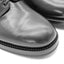 Close-up toe-box view of OGL BRAVE plain-toe Derby shoe showing black horsehide leather, welt stitching