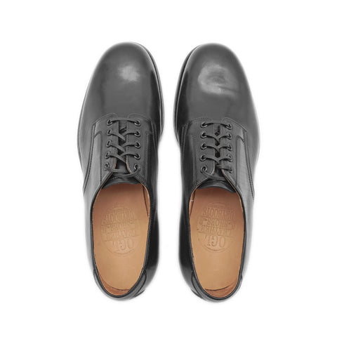OGL BRAVE black Italian horsehide Derby shoes made by Goodyear welted construction from top view showing branded embossed