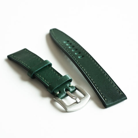 Hand-stitched Buttero leather watch strap handmade by Obbi Good Label using traditional saddle stitching techniques