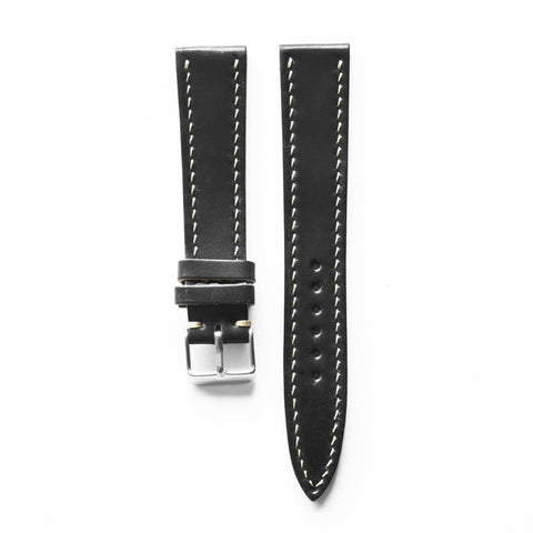 Hand-stitched Horween Shell Cordovan Black watch strap handmade by Obbi Good Label using traditional saddle stitching techniques
