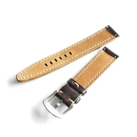 Underside detail on Horween Shell Cordovan leather watch strap