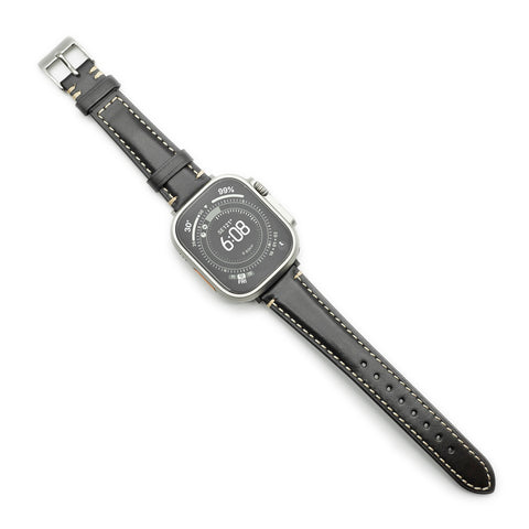 Japanese Shinki Hikaku shell cordovan Apple Watch strap handmade by Obbi Good Label for Apple Watch and Apple Watch Ultra, showing straps installed on Apple Watches