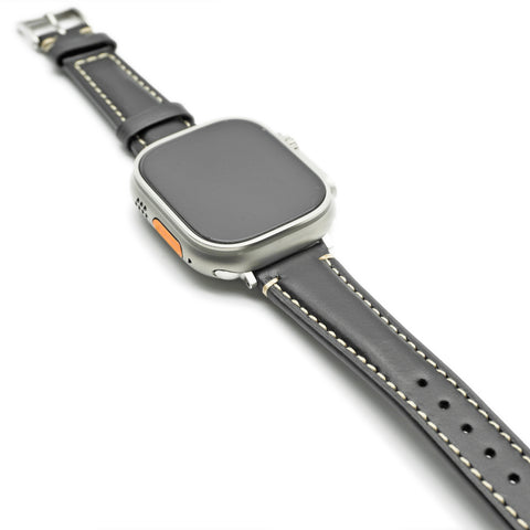 Japanese Shinki Hikaku shell cordovan Apple Watch strap handmade by Obbi Good Label for Apple Watch and Apple Watch Ultra, showing straps installed on Apple Watches