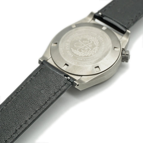 Japanese Shinki Hikaku shell cordovan watch straps by Obbi Good Label available in black, installed on OGL autOGLAtic Field Watch example in close-up detail.