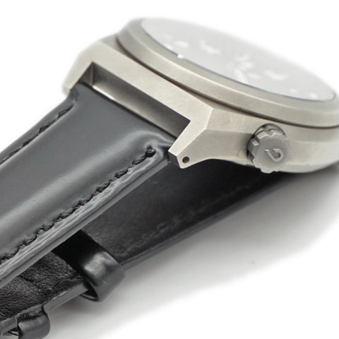 Japanese Shinki Hikaku shell cordovan watch straps by Obbi Good Label available in black, installed on OGL autOGLAtic Field Watch example in close-up detail.