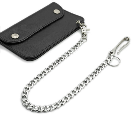 OGL Type 3 silver-plated Cuban wallet chain attached to a black leather long wallet.