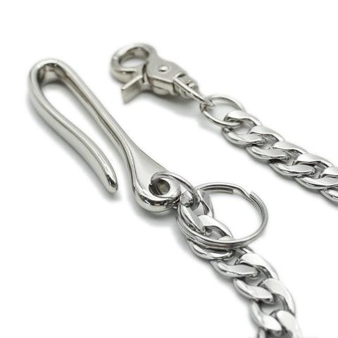 Close-up of polished silver-plated wallet chain with traditional belt hook and swivel trigger clasp.