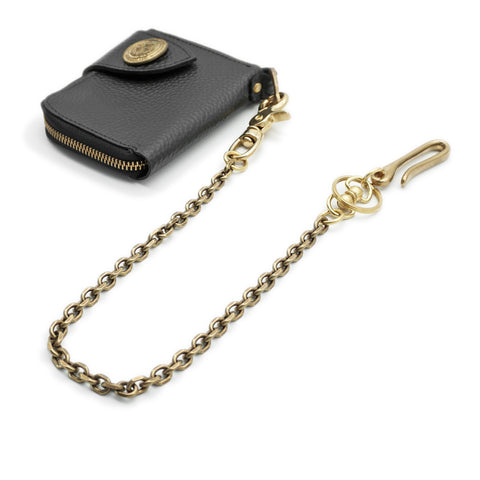 OGL Type 1 solid brass wallet chain attached to a black leather wallet, featuring square links and brass hooks.
