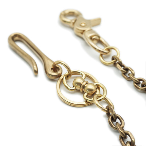 Close-up of OGL solid brass wallet chain with square links, swivel trigger hook and traditional belt hook.