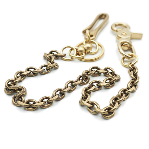 Close-up of OGL solid brass wallet chain with square links, swivel trigger hook and traditional belt hook.