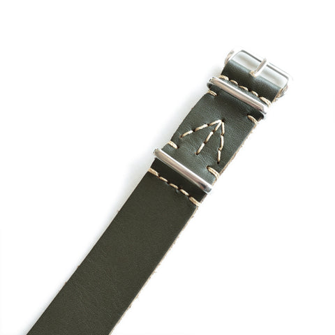 OGL Squadron Straps Blenheim NATO Strap in olive vegetable-tanned leather hand-stitch close-up designed for field watches and mechanical watches