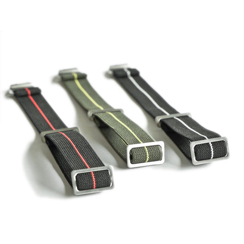 Obbi Good Label Marine Nationale Parachute Watch Strap available in black/red, olive/yellow, black/white showing close-up on the metal buckle