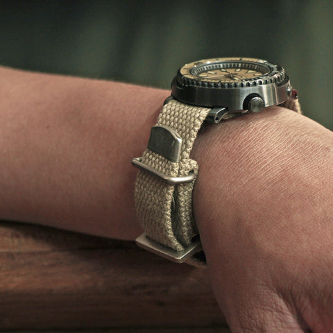 OGL WTC Utility Canvas Strap in cotton duck canvas showing natural colour on the wrist with a Seiko watch