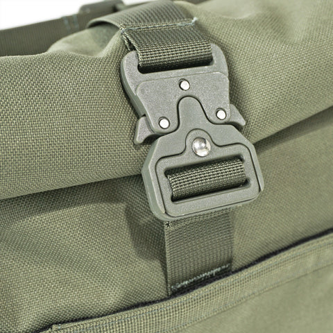 showing high-strength quick-release safety buckle securing the roll-top closure on the OriGinaLe Origo Roll-Top Hobo Bag